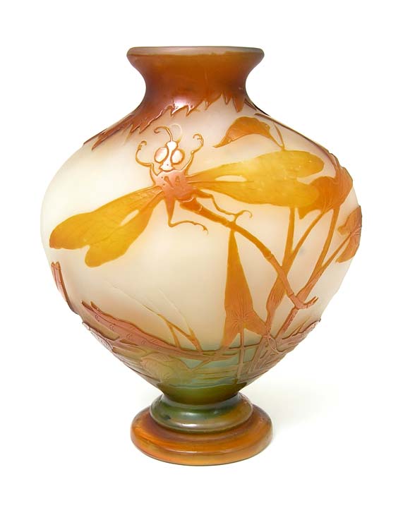Gallé pond lily vase with dragonfly, 8¼ inches