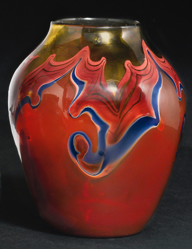 Incredible Tiffany Favrile red decorated paperweight vase, just in