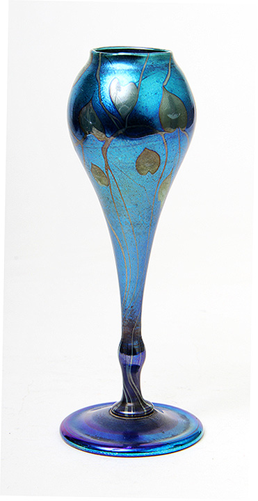 Wonderful Tiffany Favrile blue decorated mini vase, for sale at the show