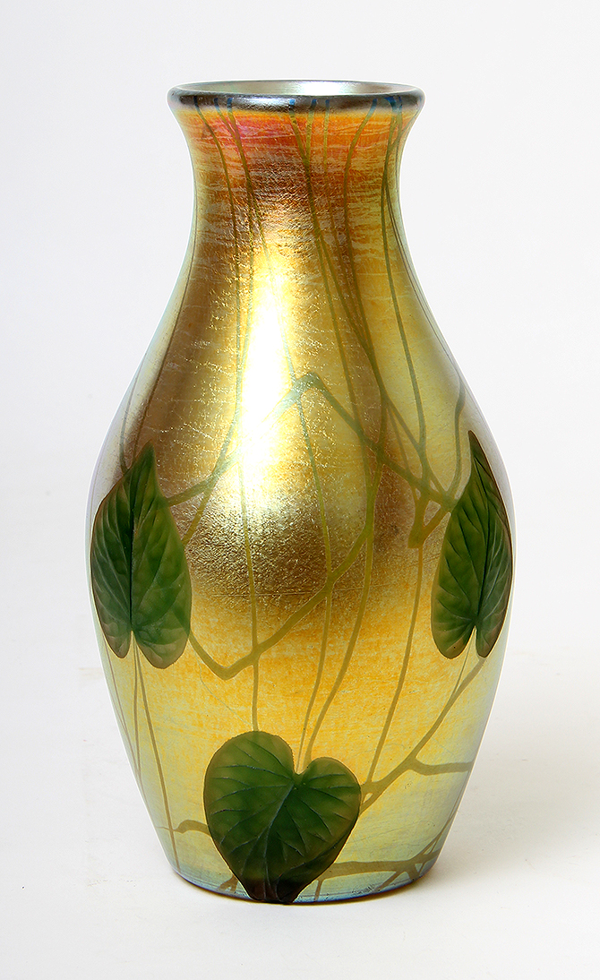 Wonderful Tiffany Favrile vase with wheel-carved leaves, just in