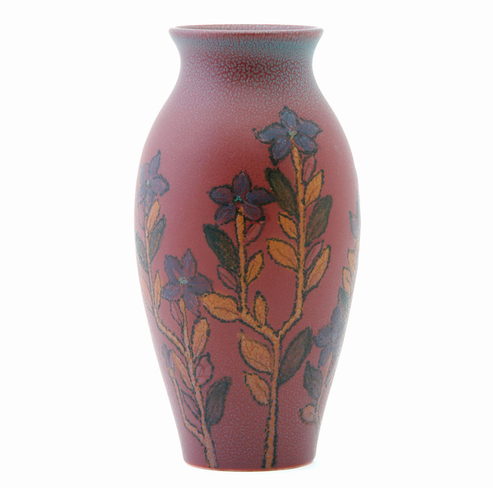 Rookwood Wax Matte vase painted by Mary Helen McDonald and/or Louise Abel with purple nicotina plants on a raspberry ground, 1922. Sale Price: $1,920, Rago Arts & Auction Center
