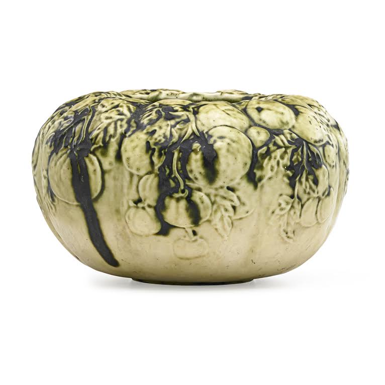Tiffany Studios, Fine Favrile pottery bowl with tomatoes, green and ivory glaze, New York, ca. 1900. Sale Price: $13,750, Rago Arts & Auction Center