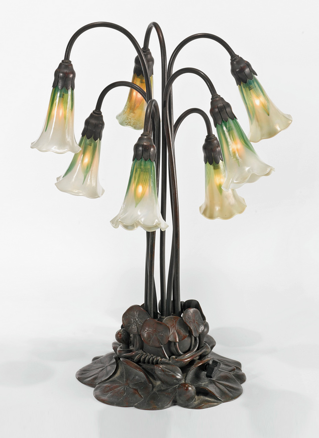 Tiffany Studios 7-light lily lamp with decorated shades, Sotheby's lot #11