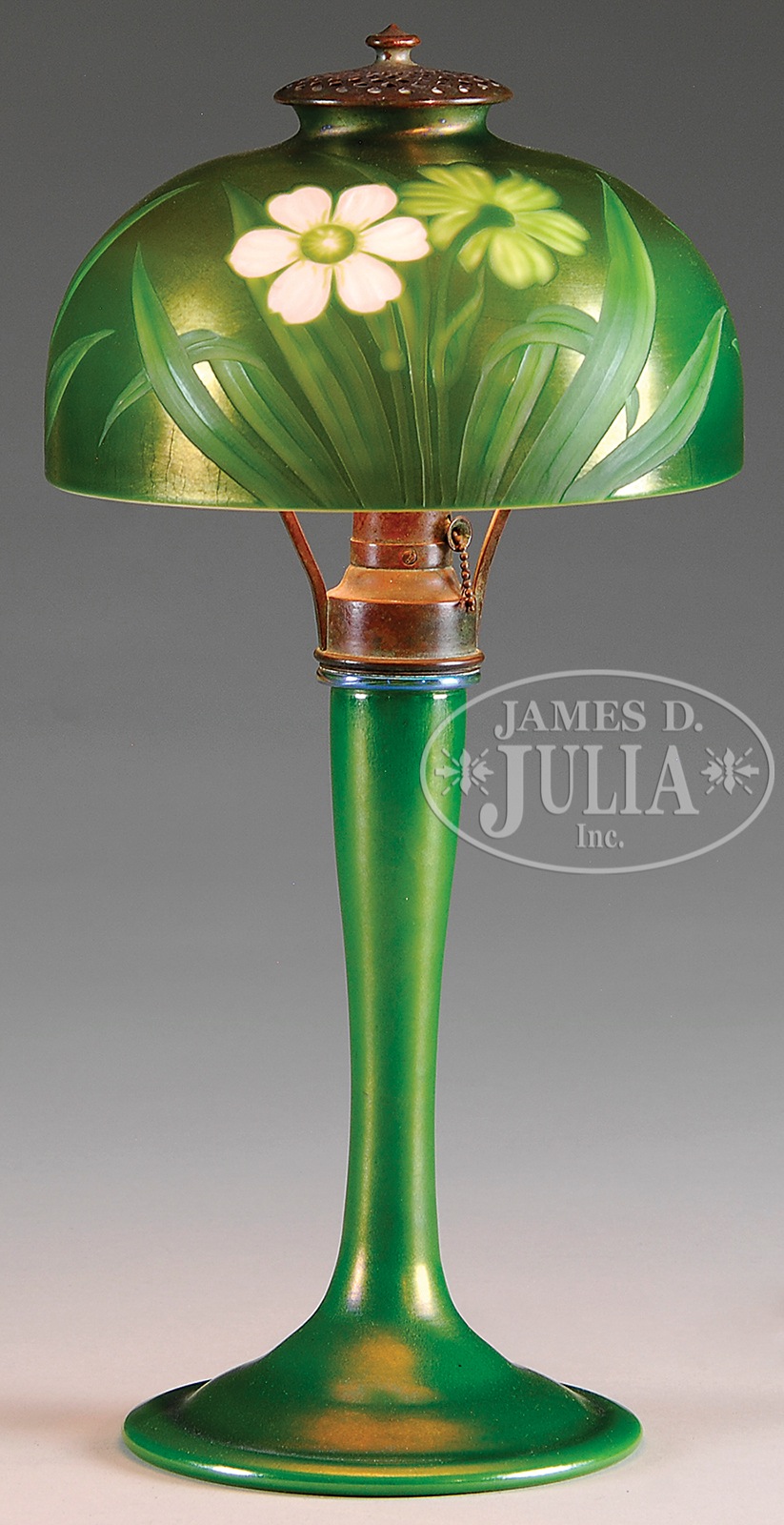 Wheel-carved Tiffany Favrile lamp, Julia lot #3327