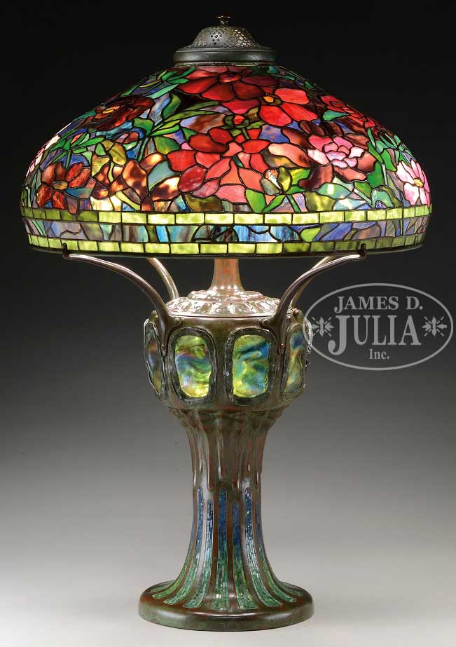 Lot 1216, a Tiffany Studios 22-inch Peony table lamp on a rare mosaic base sold for $394,605